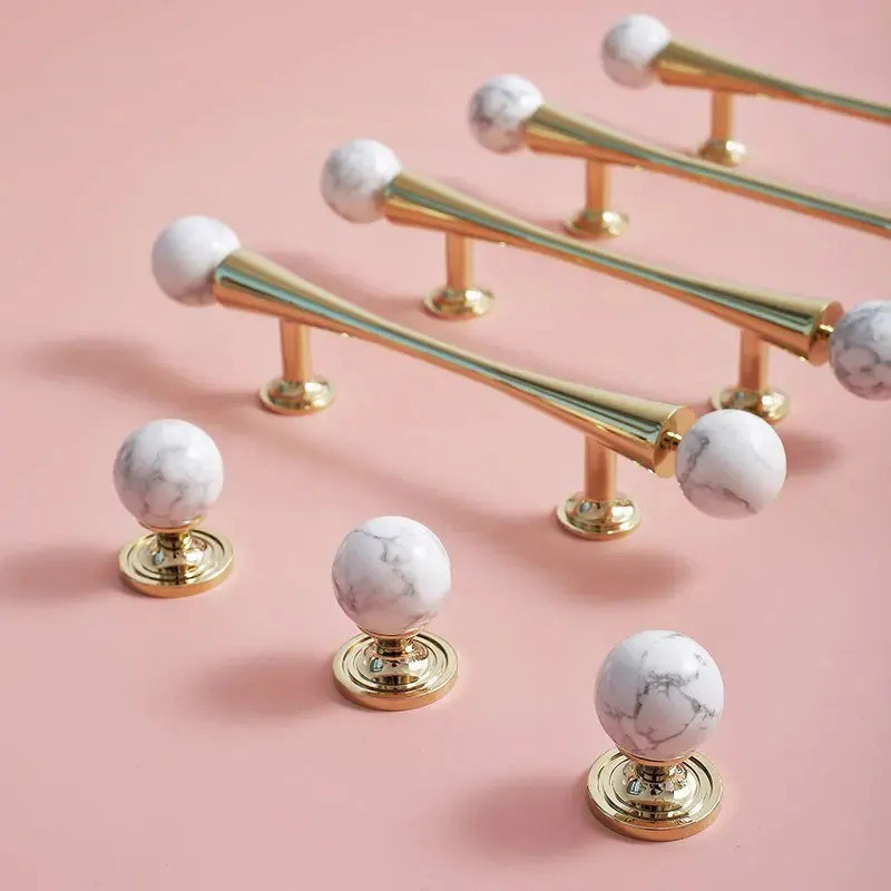 White Marble + Brass Cabinet Handles Bright Gold Home Decor Wardrobe Pulls Drawer Round Knobs Light Luxury Furniture Hardware