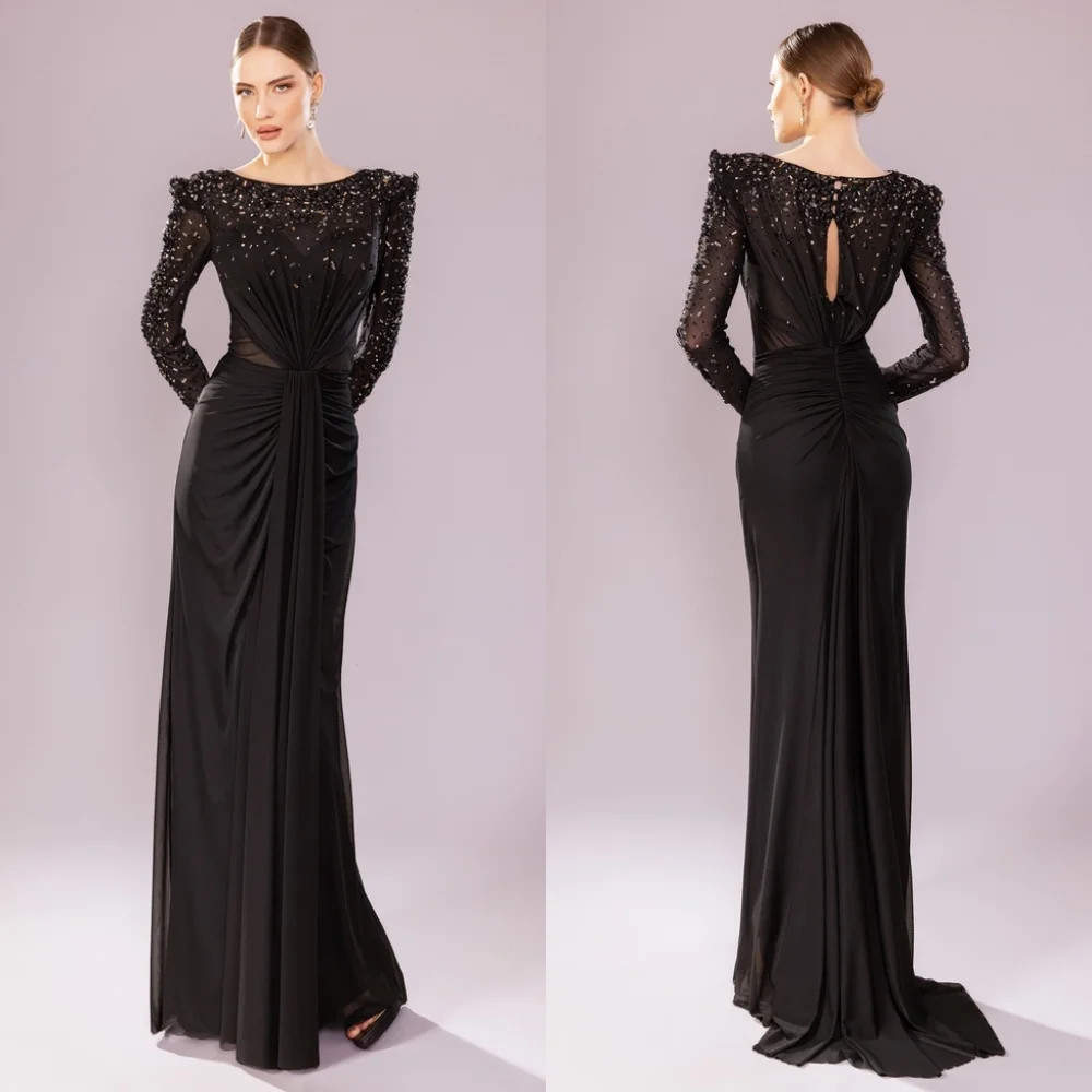 

Customized Exquisite Pleat Sequined Beading Column O-Neck Long Dresses Evening Dressess Fashion Modern Style Classic