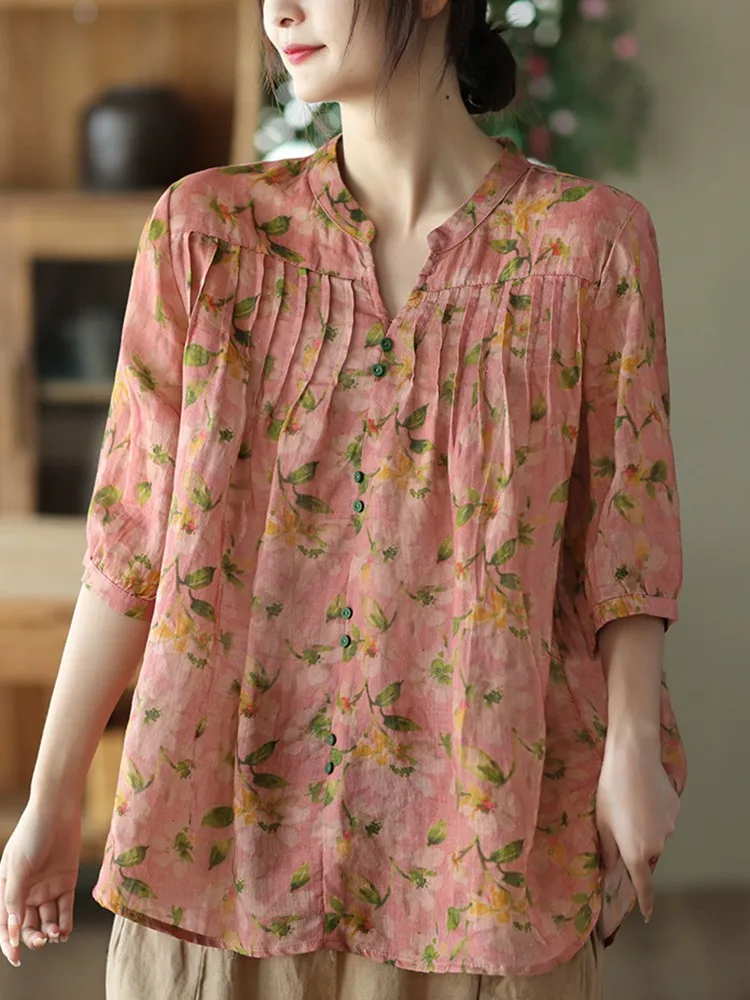 Women Summer Casual Shirts New 2023 Vintage Style V-neck Floral Print Loose Comfortable Female Half Sleeve Tops Shirt B2519