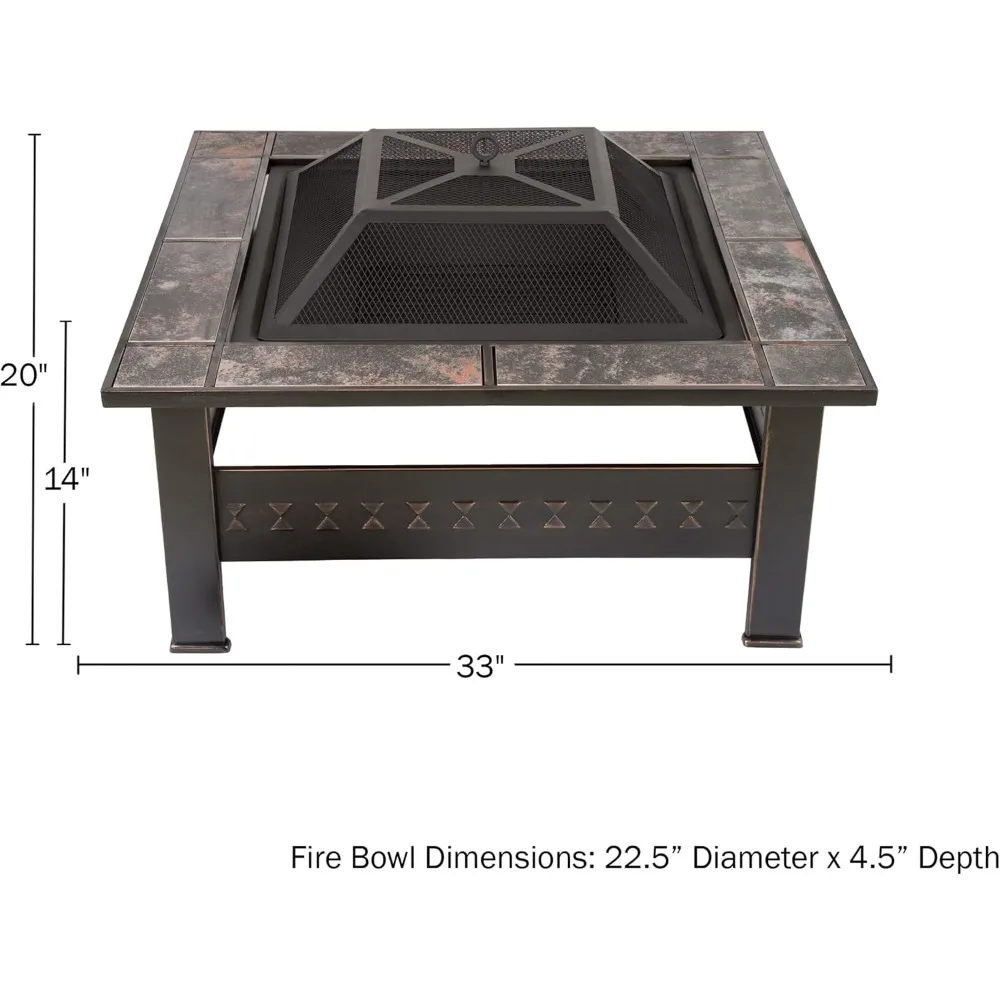 

50-155 Wood Burning Fire Pit Set Includes Screen, Cover and Log Poker-for Outdoor and Patio, 32-inch Marble Tile Square