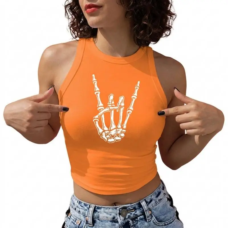 Nadanbao Skeleton Hand Print Crop Top Sommer Schwarz Orange Ärmellose Tanktops Damen O-Ausschnitt Kurze Weste Halloween Party Lustiges Top – Detail 10