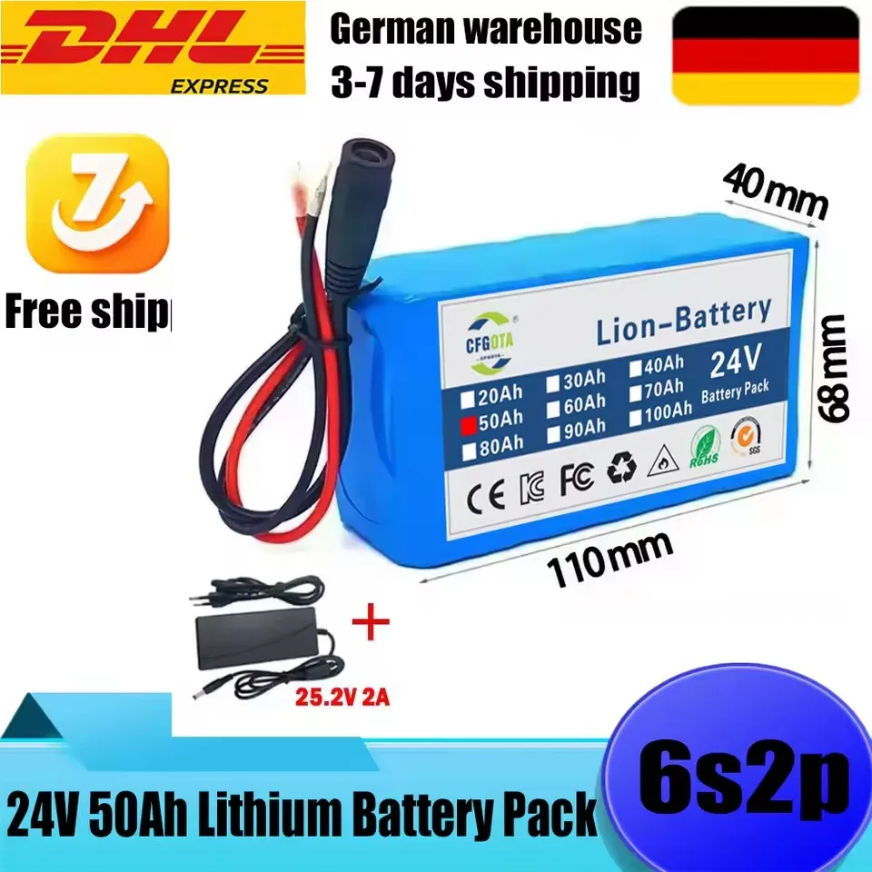 Image of 24V 6S2P 50000mAh 18650 Lithium-Akku mit BMS für Elektromotorräder, 24V Campingausrüstung + optionaler Stecker + 2A Ladegerät