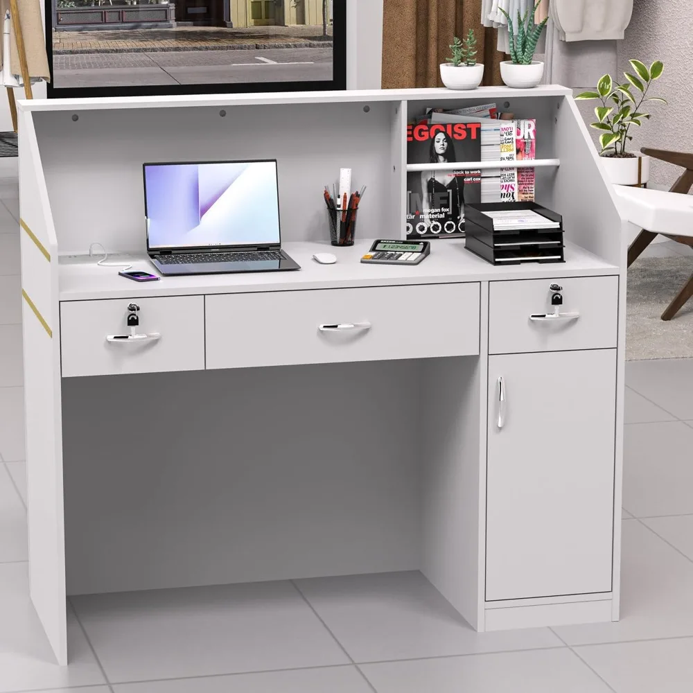 Modern Reception Desk with Counter, Lockers, and Storage Shelves, 48-inch DIY Checkout Counter