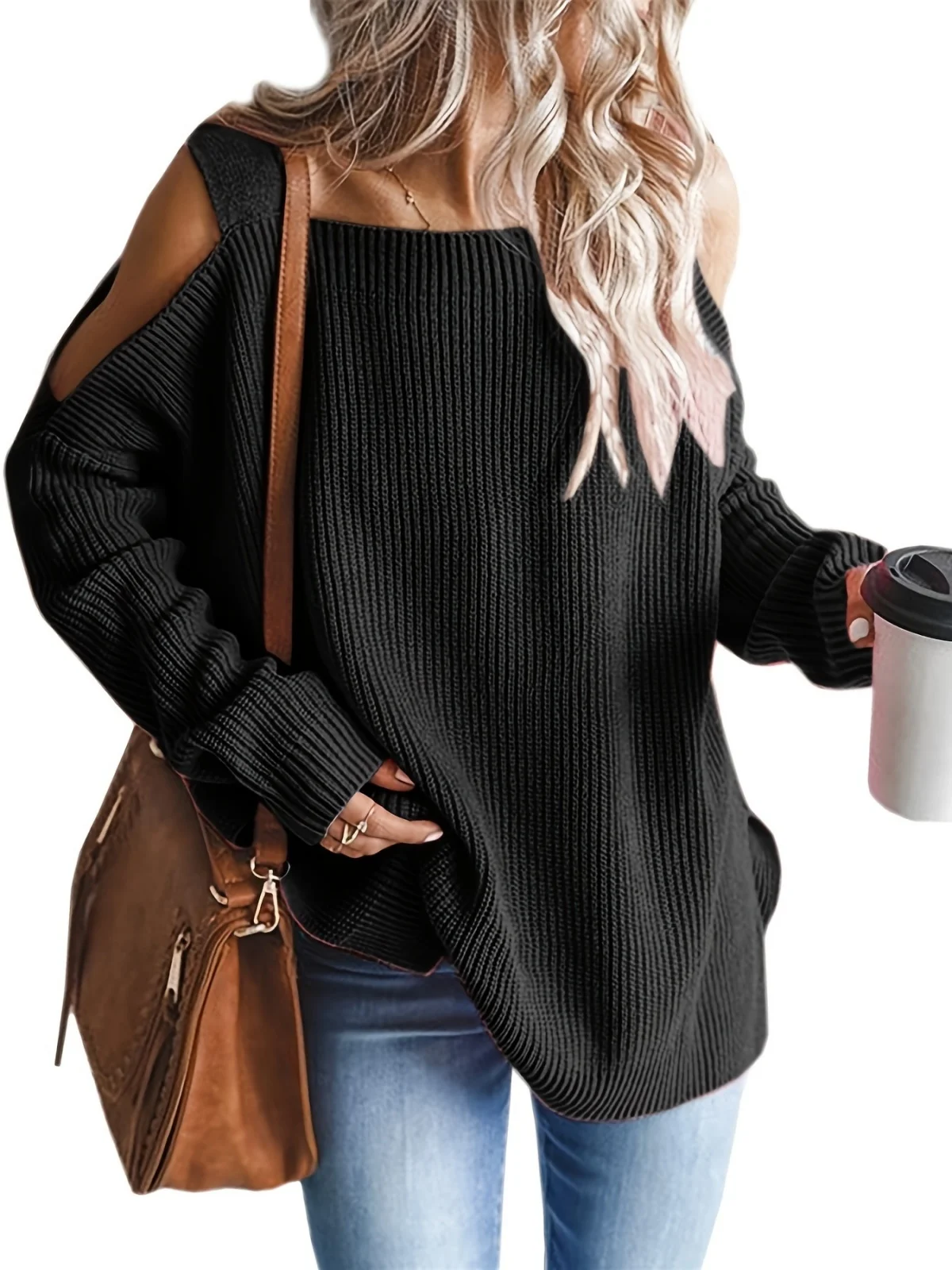 Off Shoulder Oversized Sweaters Women Solid Long Sleeve Square Neck Chunky Knit Autumn Tunic Sweater Side Split Pullover Tops