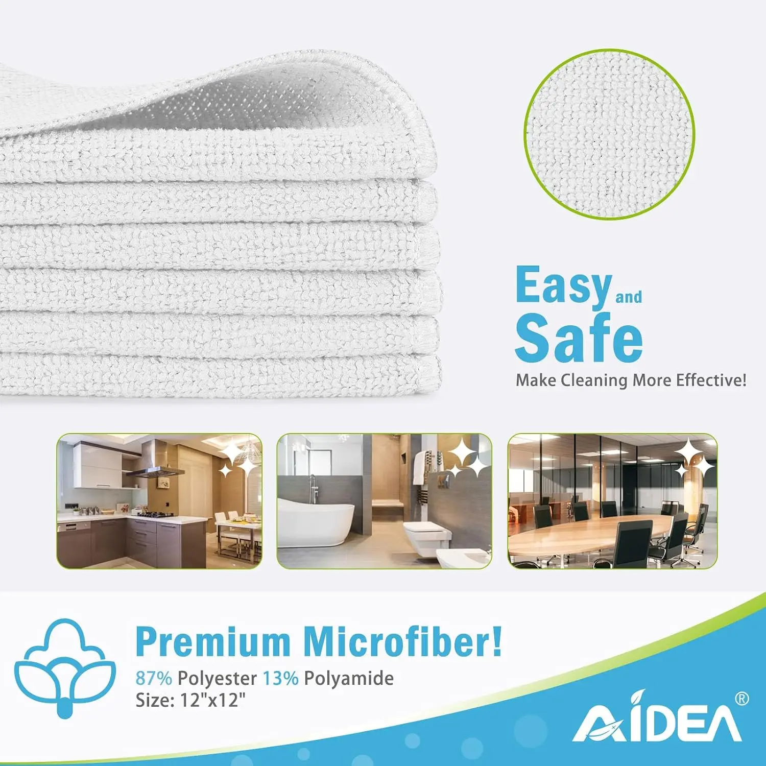 Reusable Microfiber Cleaning Cloths, White, 12 Pack, 12 x 12 Inch Cleaning Rags