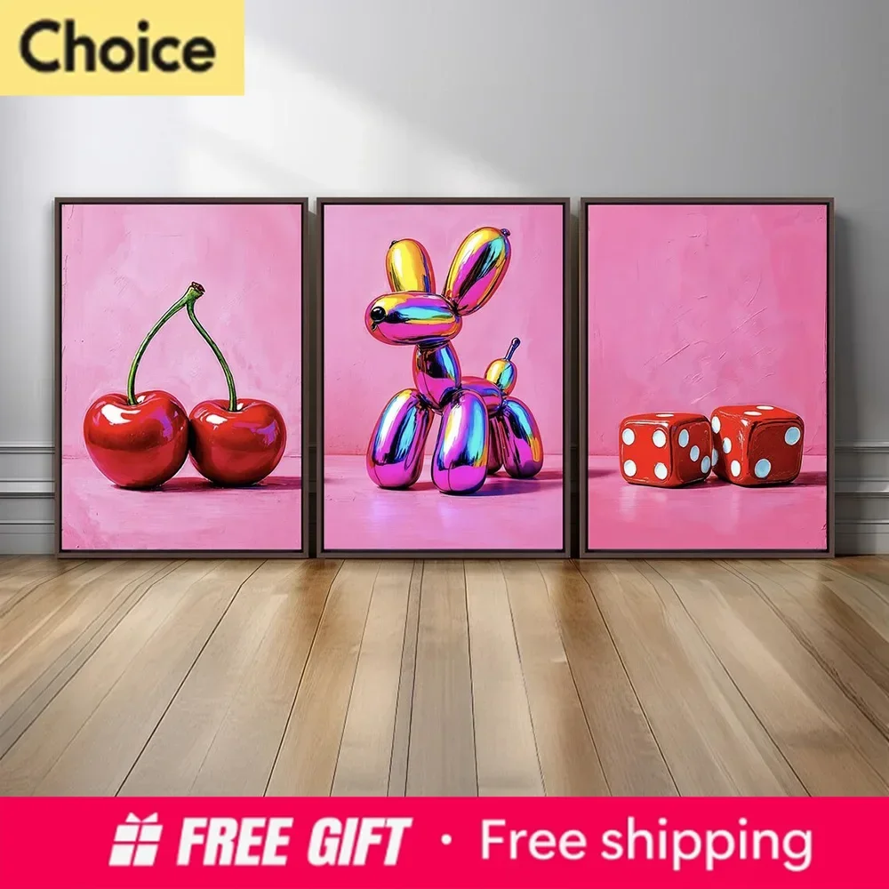 2026 Arte de pared moderno Pop sin marco con diamantes, estampados vibrantes de Perro Globo, Cerezas y Dados, en rosa brillante, decoración de moda para el hogar, Diamon