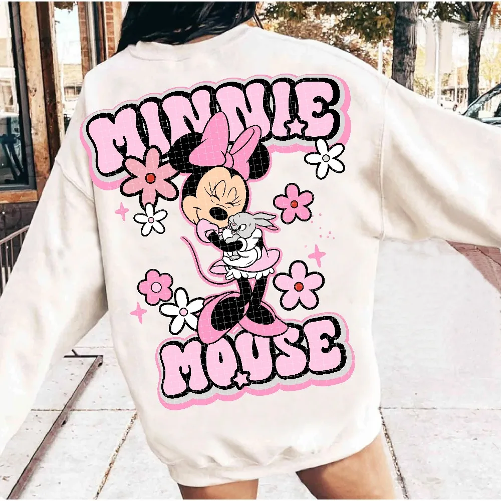 เสื้อสเวตเชิ้ตลายมินนี่เมาส์แบบพิมพ์ลายดิสนีย์ สไตล์ลำลอง สำหรับฤดูใบไม้ร่วงและฤดูหนาว ผ้าฟลีซ คอกลม สตรีทแวร์ เสื้อฮู้ดดี้ผู้หญิง