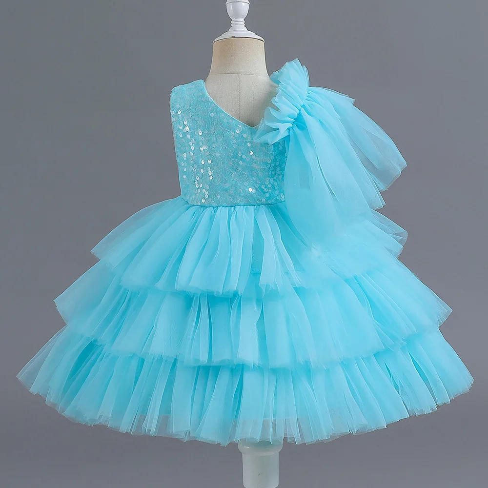 Summer Toddler Baby Girls Light Lake Blue Flower Girl Dress for Birthday Party Bow Dress for 1-2-3-4-5-10Year-Old Kids