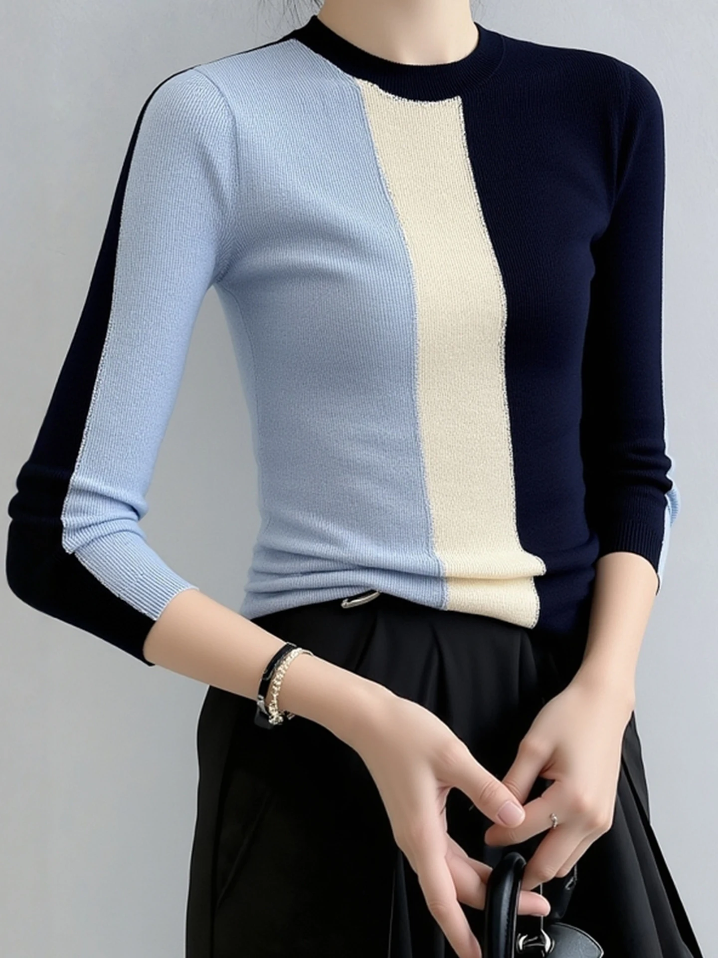 Dopasowana długa dzianina damska, modny design, zimowa warstwa bazowa, kolorowe łączenia, top do pracy, styl koreański...