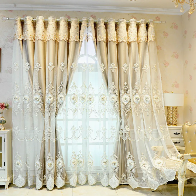 

1 Panel 132cm Width European Double Layer Curtain with Valance for Living Room Bedroom Embroidered Luxury Curtain