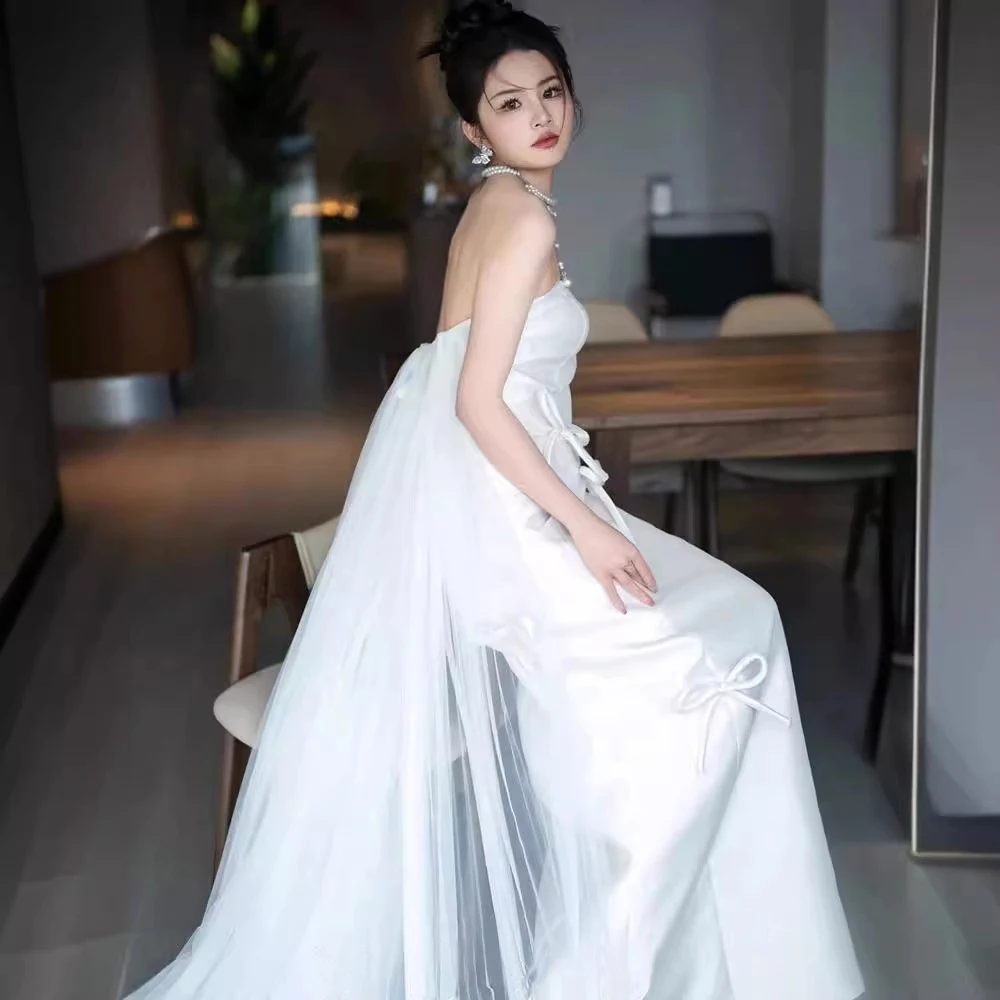 PJN Elegant Strapless Wedding Dress Bride 2025 New White Satin Mermaid Reception Snapshot Dresses Women Long Evening Party Dress