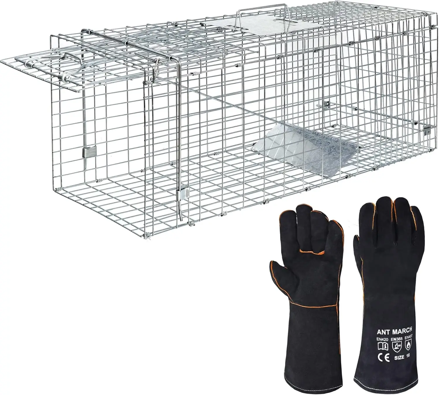 

Humane Animal Cage Trap 32x11.5x13 Inch Steel Release Rodent Cage with Gloves for Rabbits, Cats, Squirrels