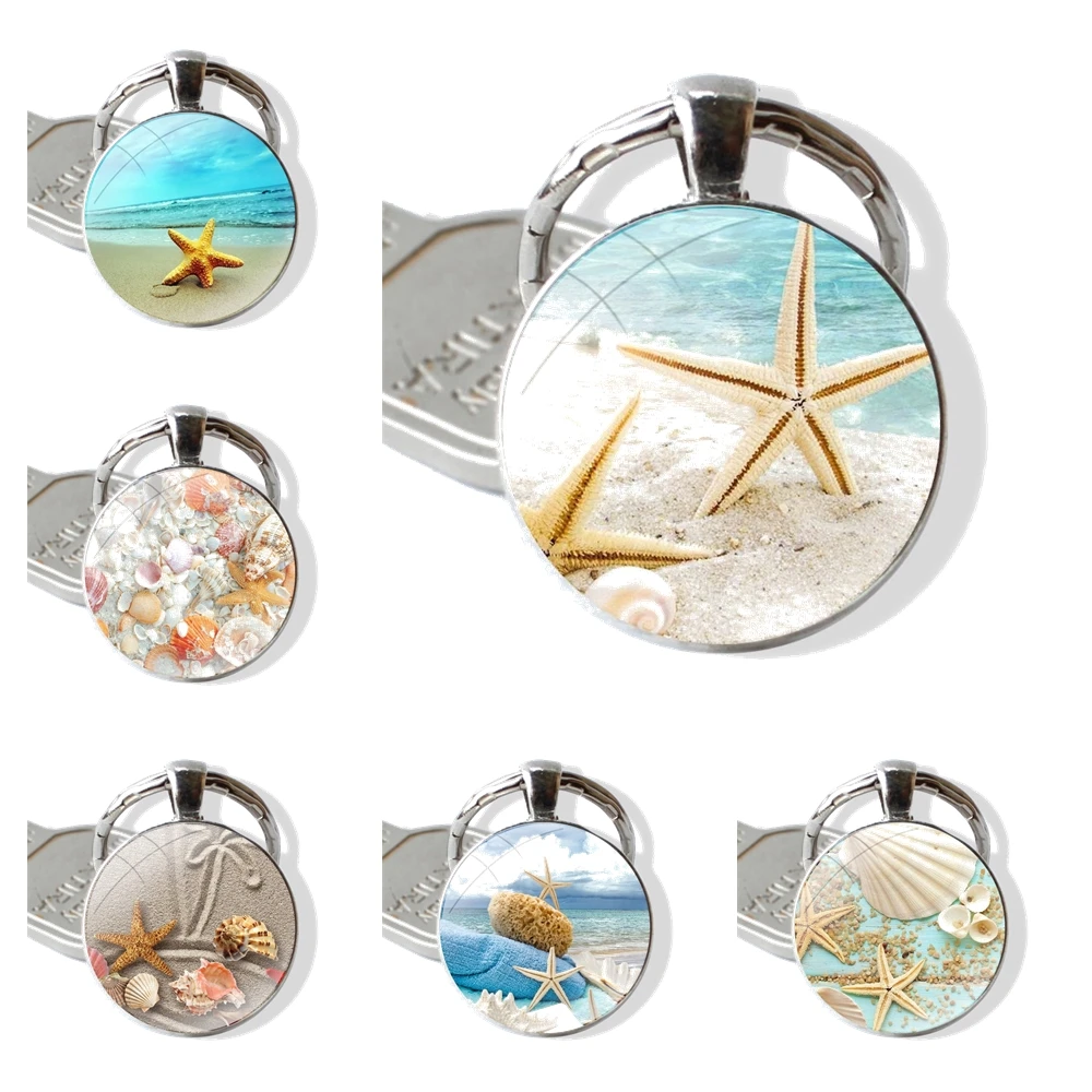 Glass Metal Pendant Key Chain Classic Men Women Key Ring Accessories Jewelry Gifts Summer Beach Relax Starfish