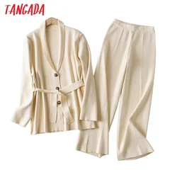 Tangada 2021 Autumn Winter Women thick soft knit cardigan suit 2 pieces sets solid cardigan and long knitted pants suits AI14