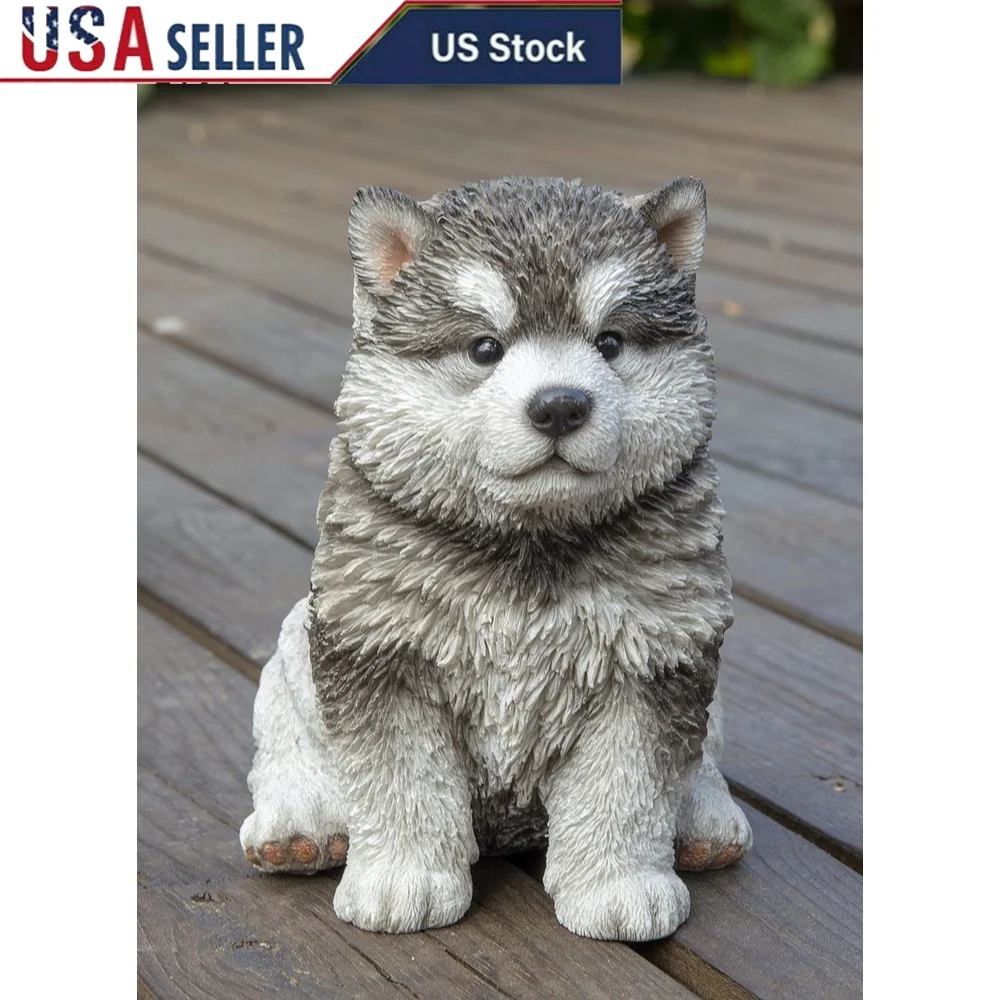 

Реалистичная сидячая статуя щенка Маламута, прочная поли смола, садовый домашний декор, очаровательная фигурка животного, подарок для использования в помещении и на открытом воздухе