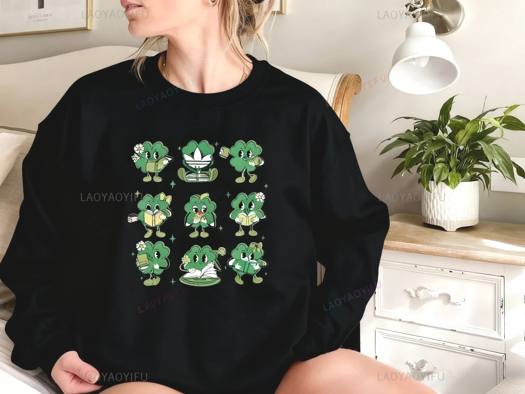 Funny Cartoon Sweatshirt Shamrock Book Lovers Librarian Hoodie Funny Pattern Hoodies Women Pullover Sweatshirt Casual Wear