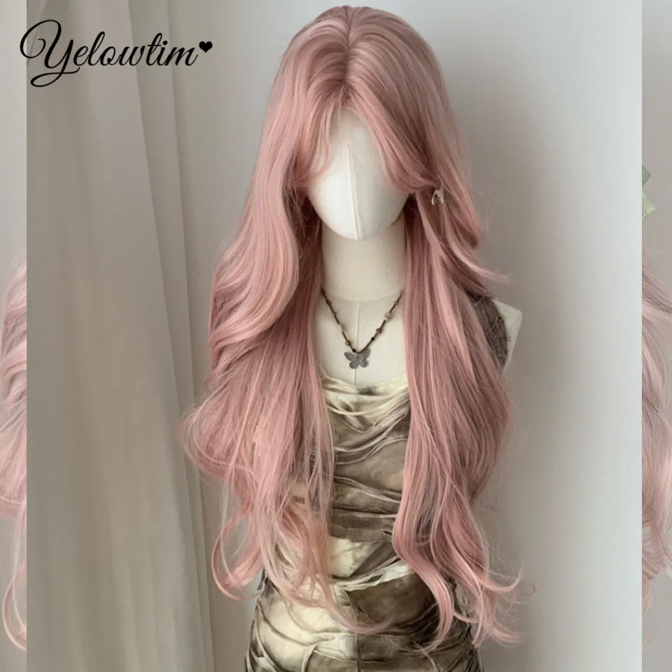 YELOWTIM Black Pink Highlight Long Wavy Synthetic Wigs With Bangs Cosplay Hairs Wig For Women Daily Natural Heat Resistant