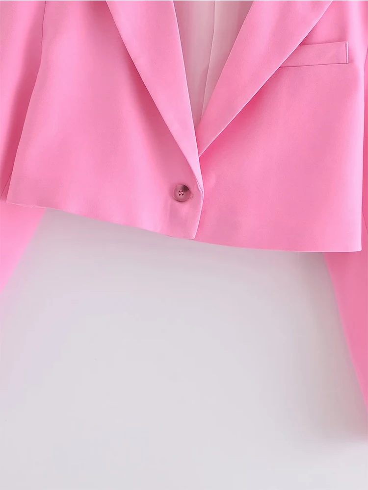 YENKYE 2023 Women Single Button Pink Crop Blazer Vintage Long Sleeve Lapel Collar Elegant Ladies Office Suit Coat