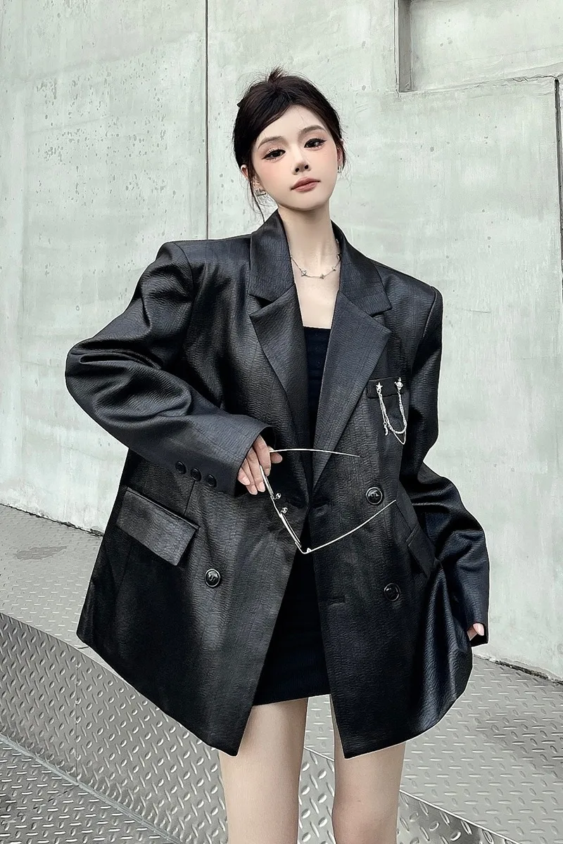 SuperAen Korean Style Autumn New Designed Leather Suit Jacket Luxury Double-breasted Solid Color Shoulder Pad Blazer
