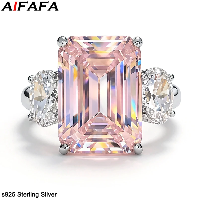 Rectangle Pink High Carbon Diamond Rings Sparkling 100% s925 Sterling Silver 10*14mm Big Stone Ring Fine Jewelry