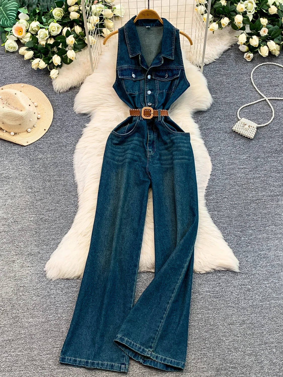 Retro Slimming Denim Neck Hanging Pants Women's New 2026 High Waist Wide Leg Pants Tie Waist Design Long Summer Dress