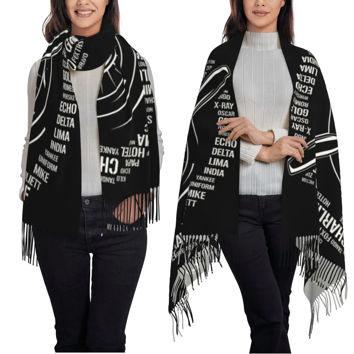Full Phonetic Pilot Alphabet Plane Propeller Aviation Scarf Tassel Scarves Women Shawls and Wraps Long Fall Winter Shawl Wrap