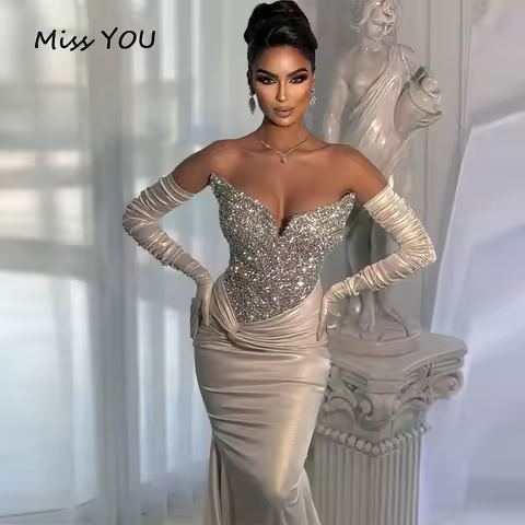 Customized Evening Dresses Elegant Silver Diamonds Mermaid Strapless Formal Occasion Dress Engagement Dress Arabic Party Gowns