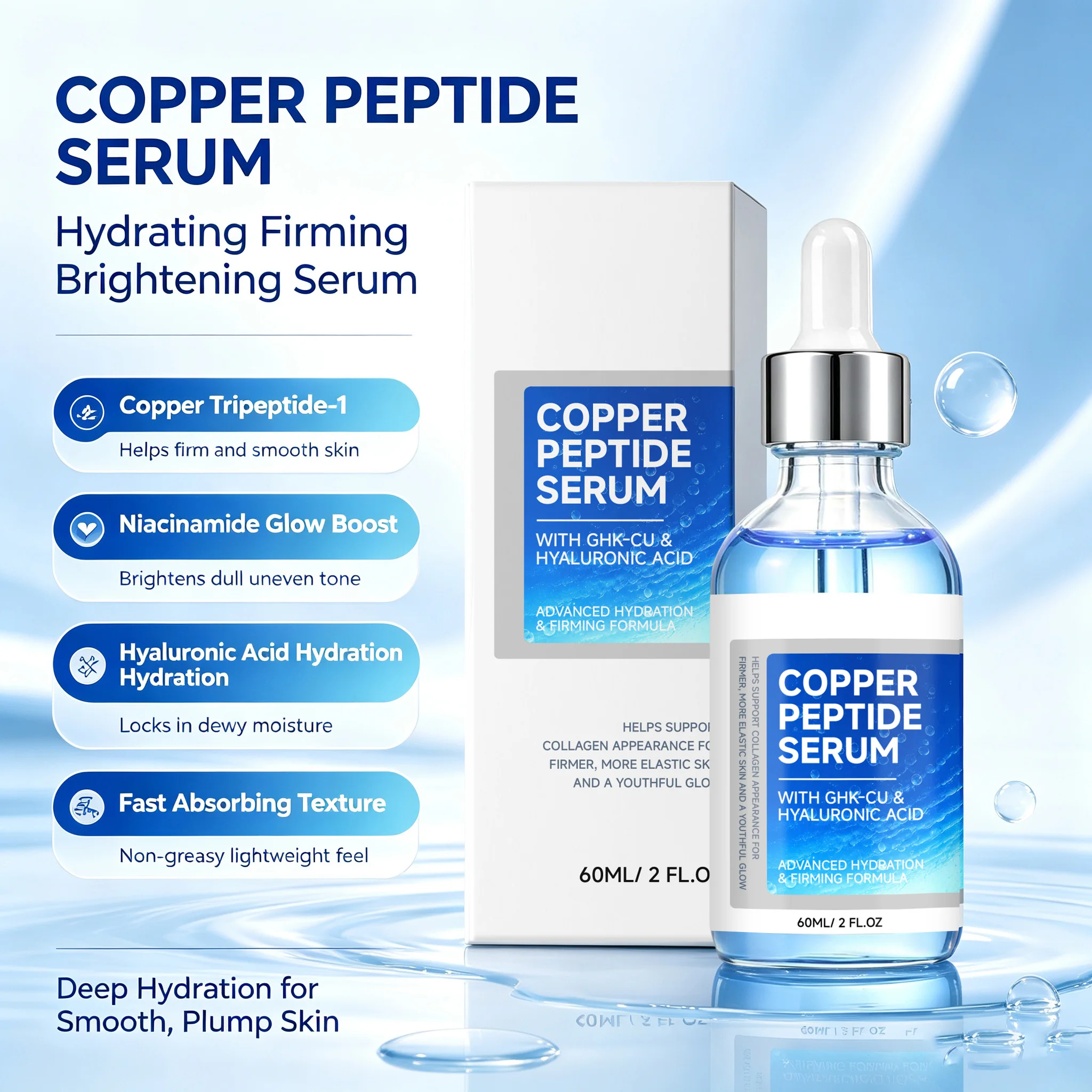 Copper Tripeptide-1 Essence with Hyaluronic Acid & Niacinamide for Moisture Plump Even Skin Tone Brightening Soothing Face Skin