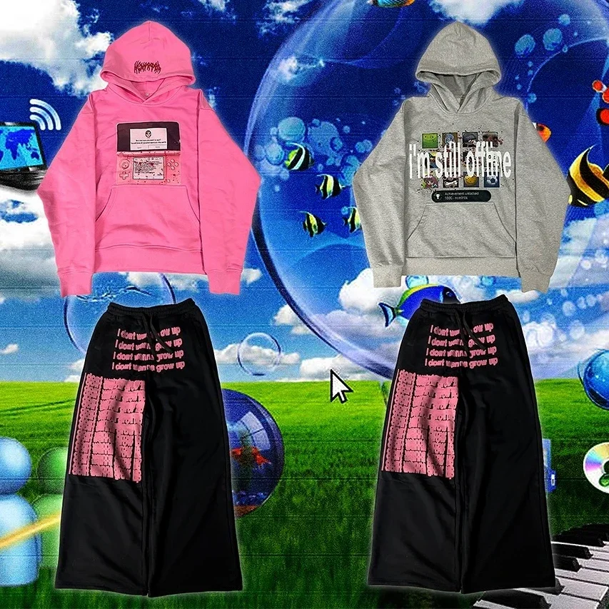 

Винтажные толстовки с 3ds и офлайн, женские уличные повседневные спортивные штаны, комплект из двух предметов, толстовки в стиле Харадзюку, спортивный костюм y2k, мужская одежда