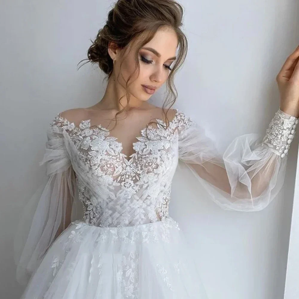 Vestido de novia de encaje personalizado, manga larga, cuello en V, línea A, ilusión hecha a medida, apliques en la espalda, vestidos de novia de tul