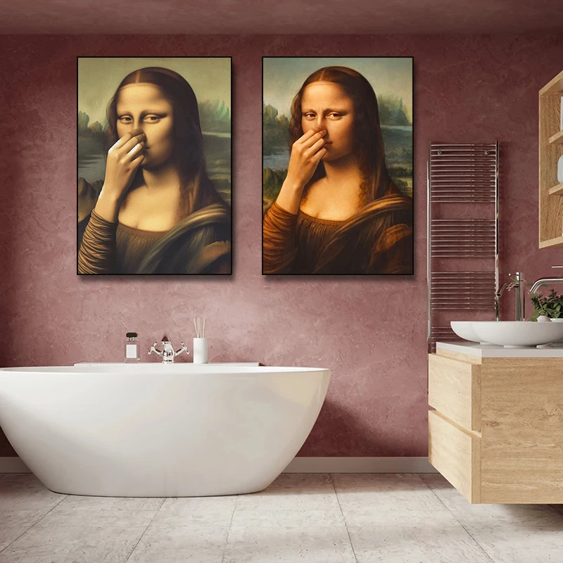 Mona Lisa bedeckt ihre Nase Poster Wandkunst Poster Toilettenhumor Lustiger Vintage-Bilderdruck mit schlechtem Geruch Badezimmer-Dekoration