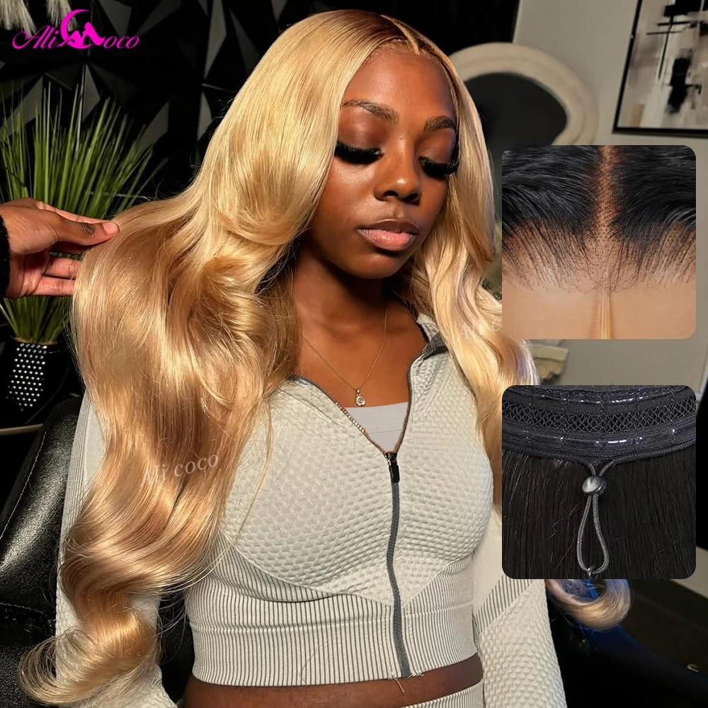 

13x6 Drawstring Honey Blonde Colored Wig with Black Roots 5x5 Closure Lace Body Wave Wig Human Hair Lace Front Wig 180 Density