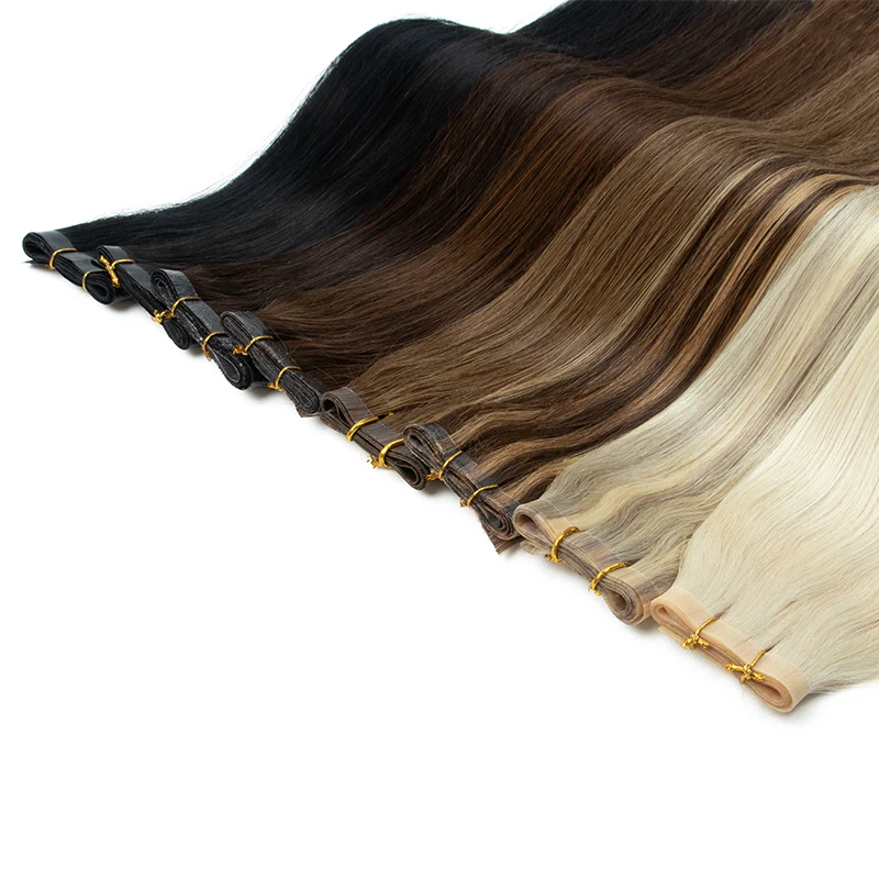 Fasci di nastro di trama lunga Nastro di trama della pelle PU nelle estensioni umane Nessuna colla Capelli umani naturali per capelli fini 40-50G Trama da 12-20 pollici 80 cm
