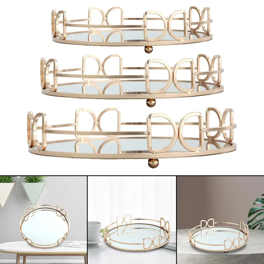 Decorative Glass Metal Tray Round Plate Mirror Decorative Cosmetics Tray Jewelry Perfume Organizer for All Occasions