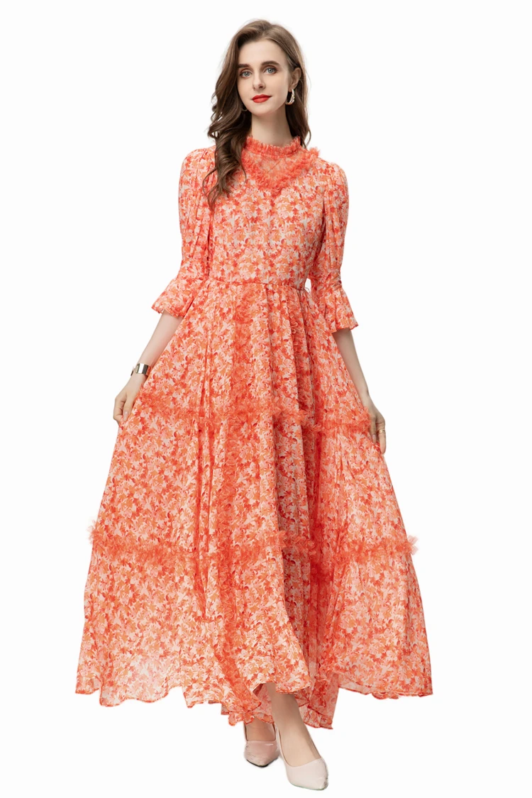 Women's Runway Dresses O Neck 3/4 Sleeves Floral Printed Tiered Elegant Party Prom Gown