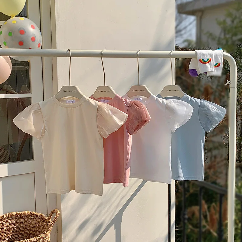 بلوزة بأكمام فقاعية بلون سادة للفتيات ، فستان الأميرة ، كم فانوس ، ريف ، كوري ، جديد ، صيف ، T ، من من من من قطعة واحدة