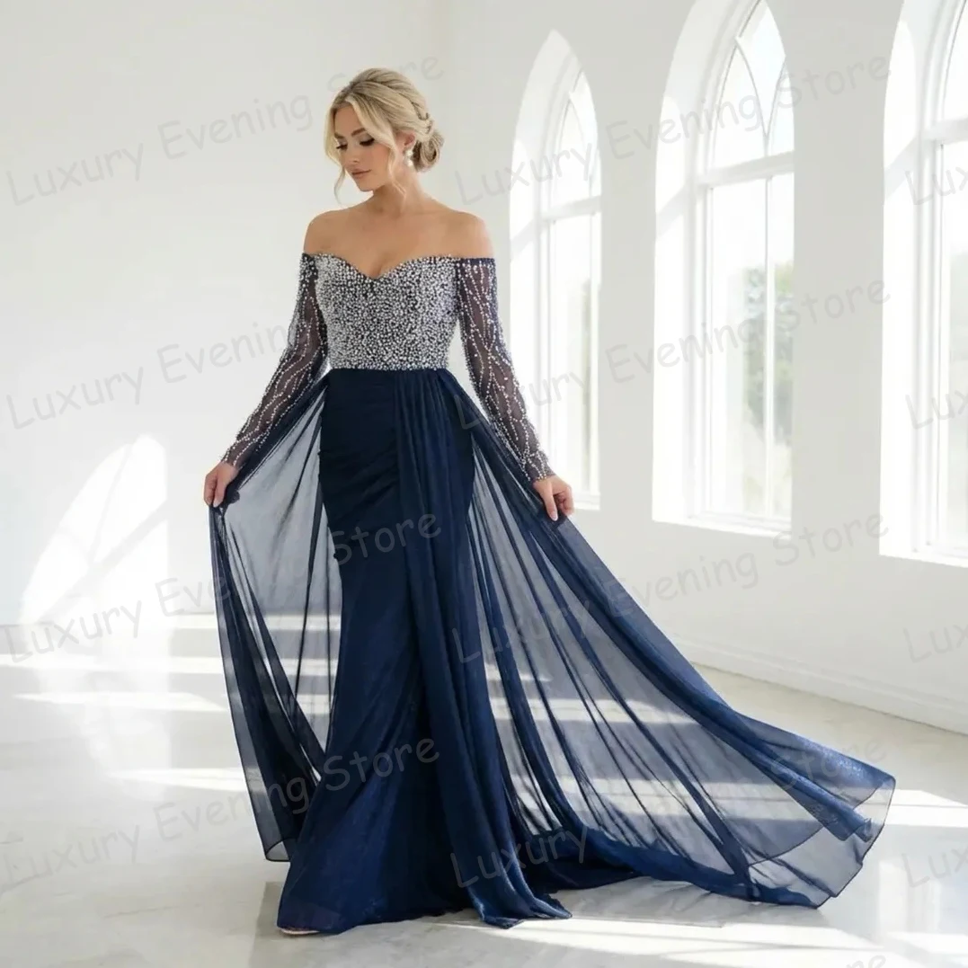

Простые синие вечерние платья для женщин, платья-русалки для выпускного вечера, с открытыми плечами, с пайетками, модные, для гала-вечеринок, на заказ, Vestidos De Novia