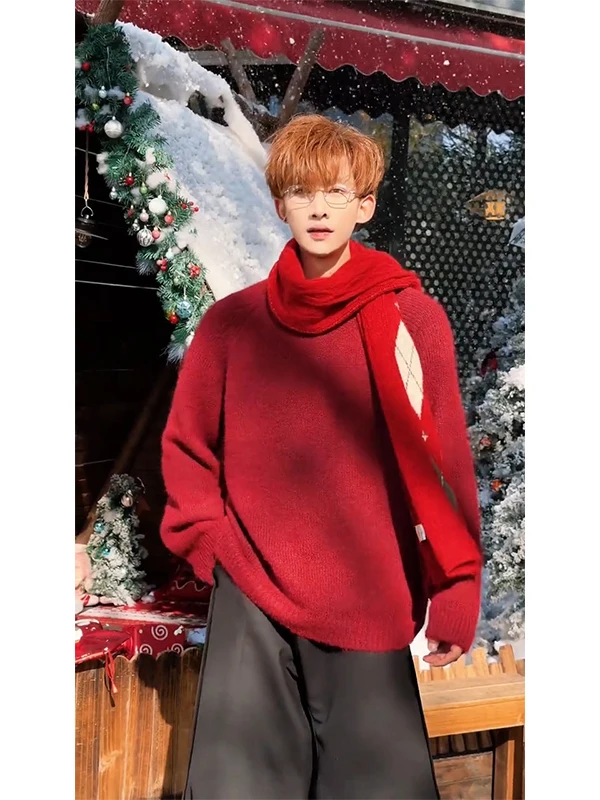 

Круглый вязаный свитер цвета красного вина Ne Thiened для мужчин и женщин, теплый зимний внутренний свитер для новогоднего посещения и дня рождения