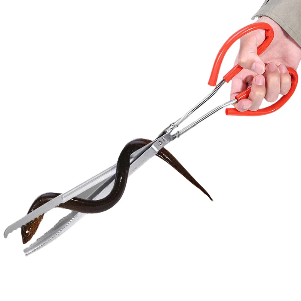 Multi-function Stainless Steel Tongs Red Handle Anti-slip Tooth Clamp of Outdoor Sea Crab Ricefield Eel Fishing Catch Tool