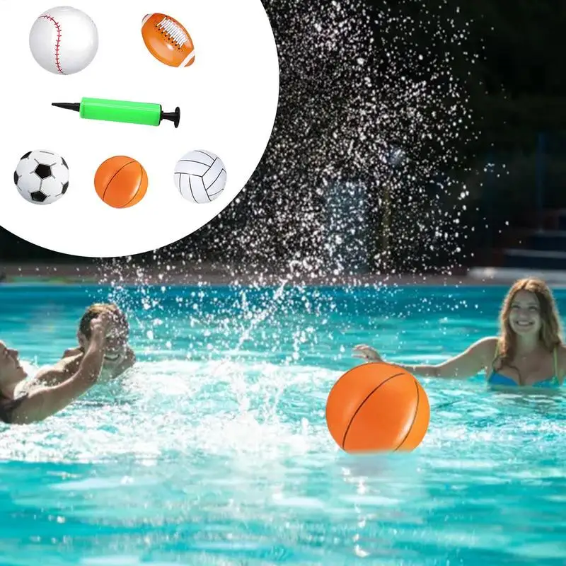 Aufblasbare Sportbälle, 5 x Strandball, Großpackung mit 1 Pumpe, Outdoor-Aktivität, Hüpfspielzeug, Schwimmbad-Spielzeug für Kinder, Jungen, Mädchen, Erwachsene