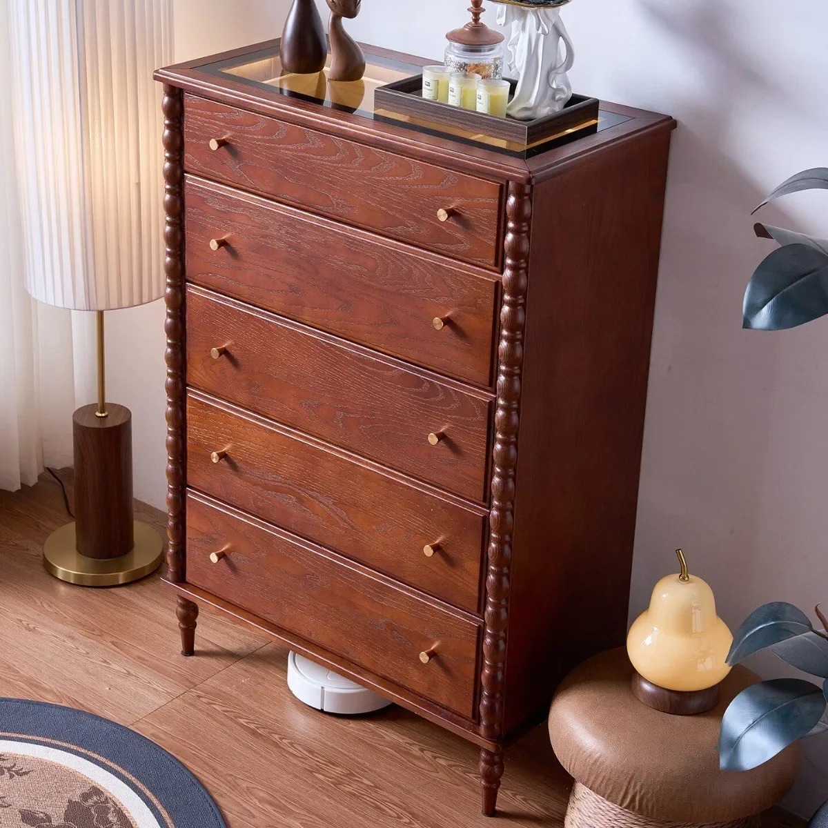 French retro Hepburn fully equipped chest small apartment bedroom ash wood grain medium antique floor 5 pumping locker