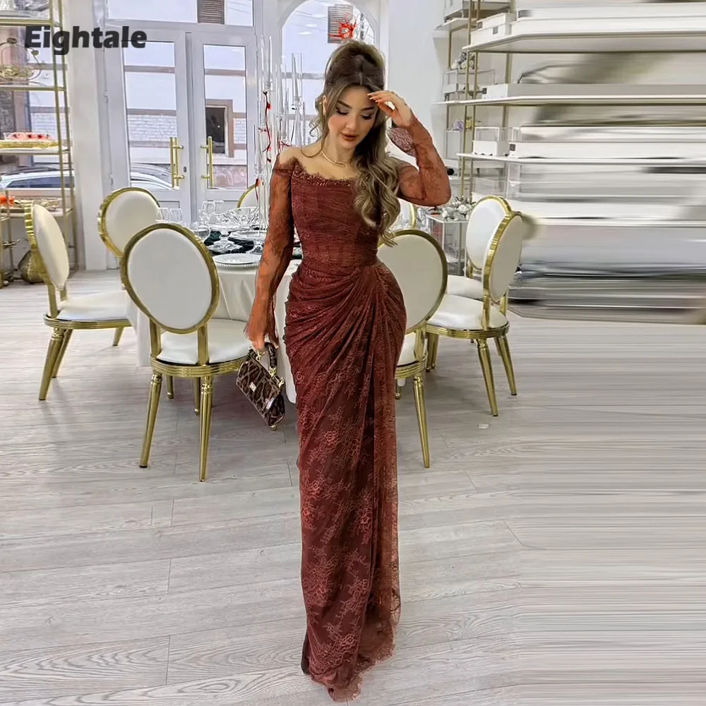 

Eightale Arabic Evening Dress Customized Lace Strapless Long Sleeeves Mermaid Prom Gowns Wedding Party Dress
