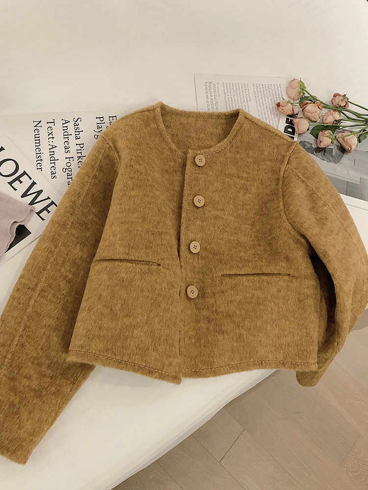 

Short Wool Coat For Women 2024 New Autumn Winter Temperament Solid Color Woollen Overcoat Female Simple Warm Thick Outer Wear