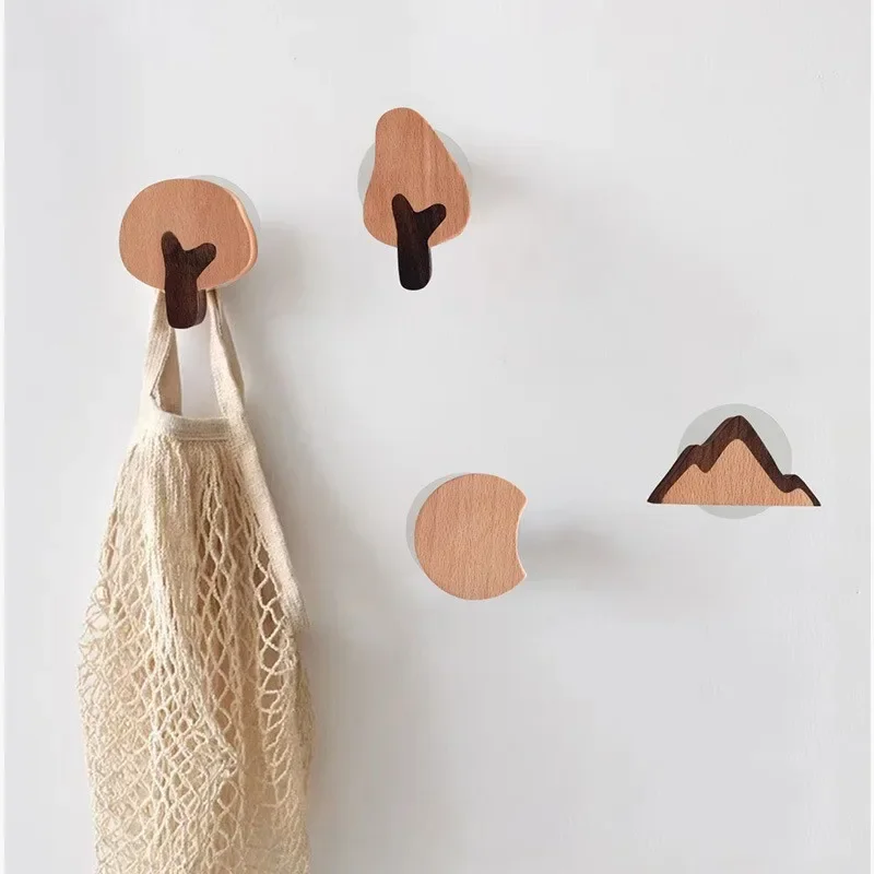 Solid Wood Hooks for Kids, Cute Tree, Crescent, Mountain Drawer Pulls, Nordic Ins Style, No-Drill Wall Hooks for Kids