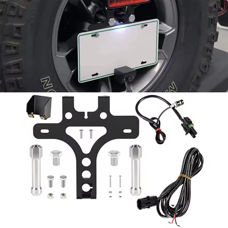 License Plate Relocation with Slotted Mounting Points, Metal Spare Tire Bracket, LED Light, Wiring Harness, and Supplied