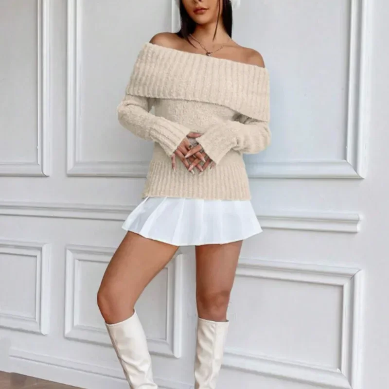 

Новый весенний сексуальный мягкий восковой свитер с открытыми плечами и лацканами, повседневный однотонный женский вязаный пуловер с длинными рукавами7331 #