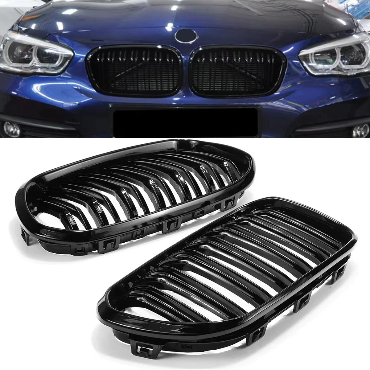 

Для BMW F20 F21 1-Series 118i 120i 125i хэтчбек 2015-2018 передний бампер, гоночная решетка для почек, глянцевая черная автомобильная решетка с двойной линией
