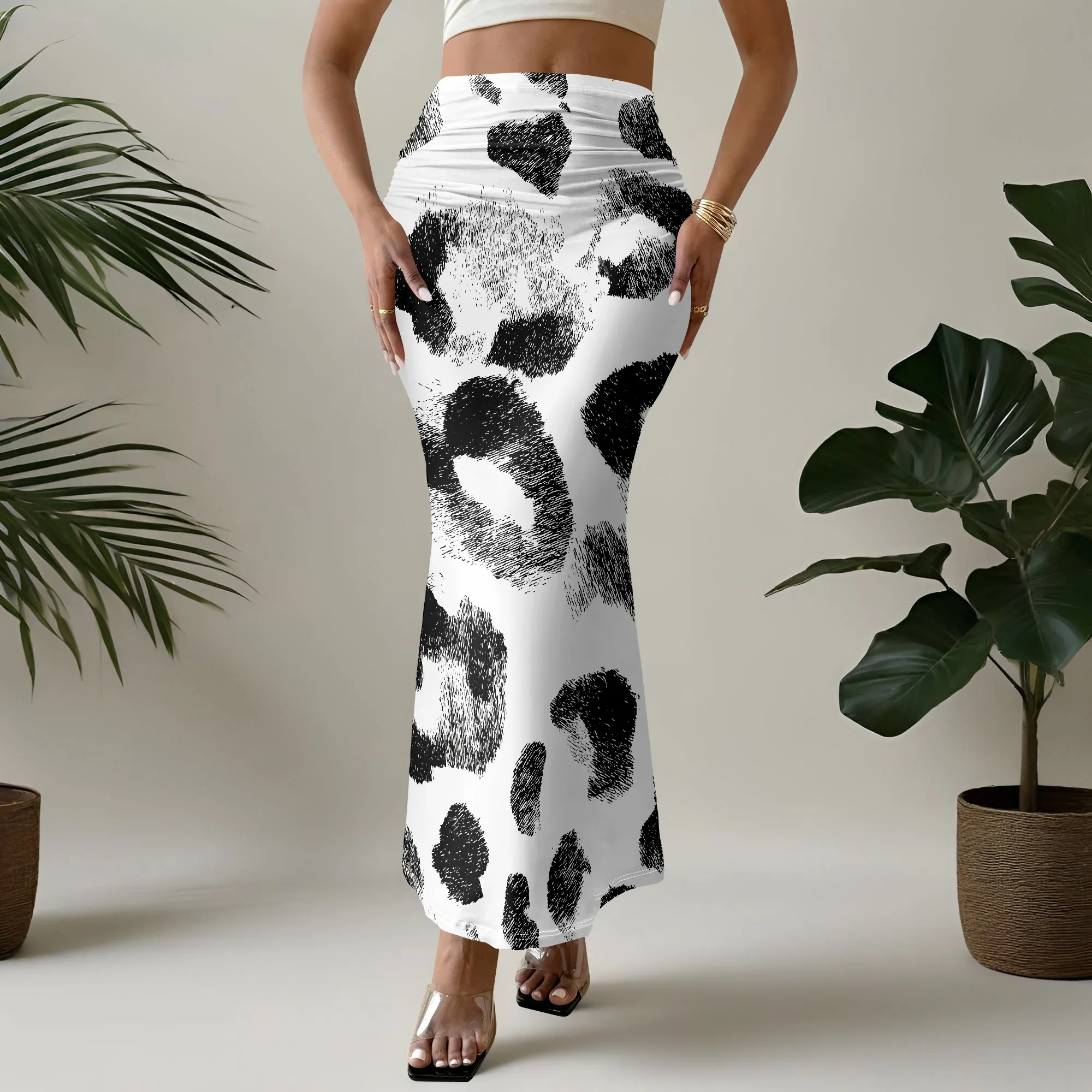 Black And White Leopard Print Skirt, High Waist Mermaid Hem, Women's Bodycon Maxi Skirt, Club Party Wear, S-3XL