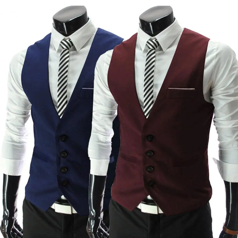 Suit Vest Men Solid Color Formal Sleeveless Pockets Business Vest Workwear Simple Workwear