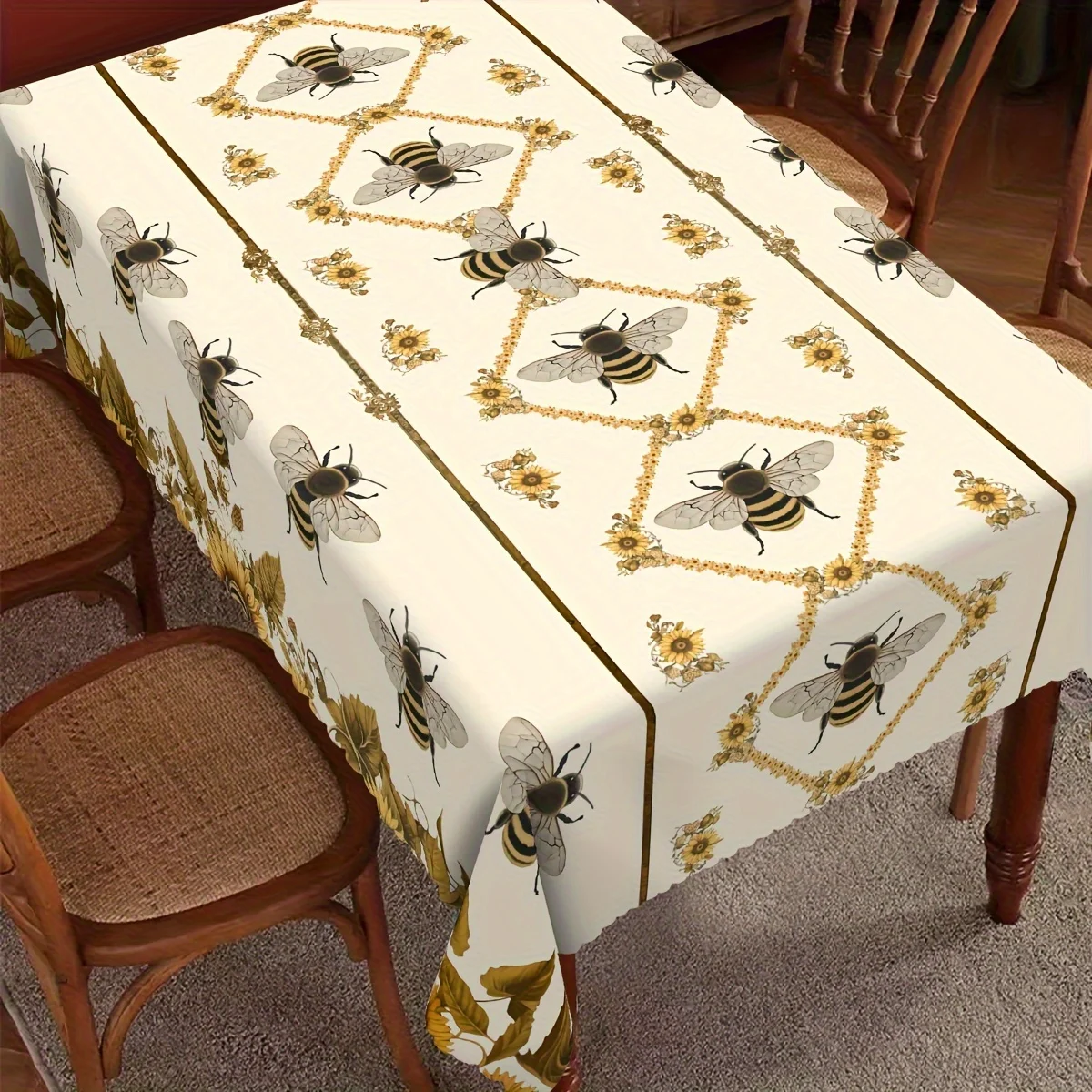 1 VESPRI Round & Rectangular Tablecloth Suitable For Round/Rectangular Tables - Yellow Sunflower & Black Bumblebee Bee Party Dec